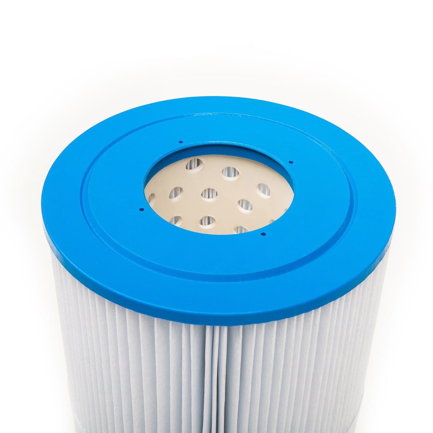 The Unicel Replacement Filter Cartridge 50 sf Hayward CX500-RE | C-7656 features a blue top, white pleated sides, and circular center holes, designed to enhance water clarity through effective filtration.
