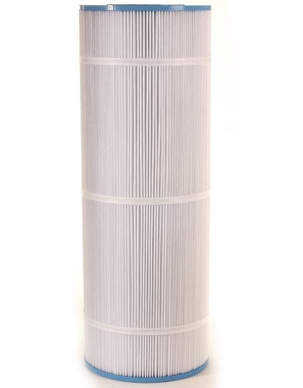 The Unicel Replacement Filter Cartridge Pac Fab 100 GPM | C-7699 features a cylindrical, accordion-style design with white pleats and blue ends, providing enhanced water clarity thanks to its exceptional filter capacity.
