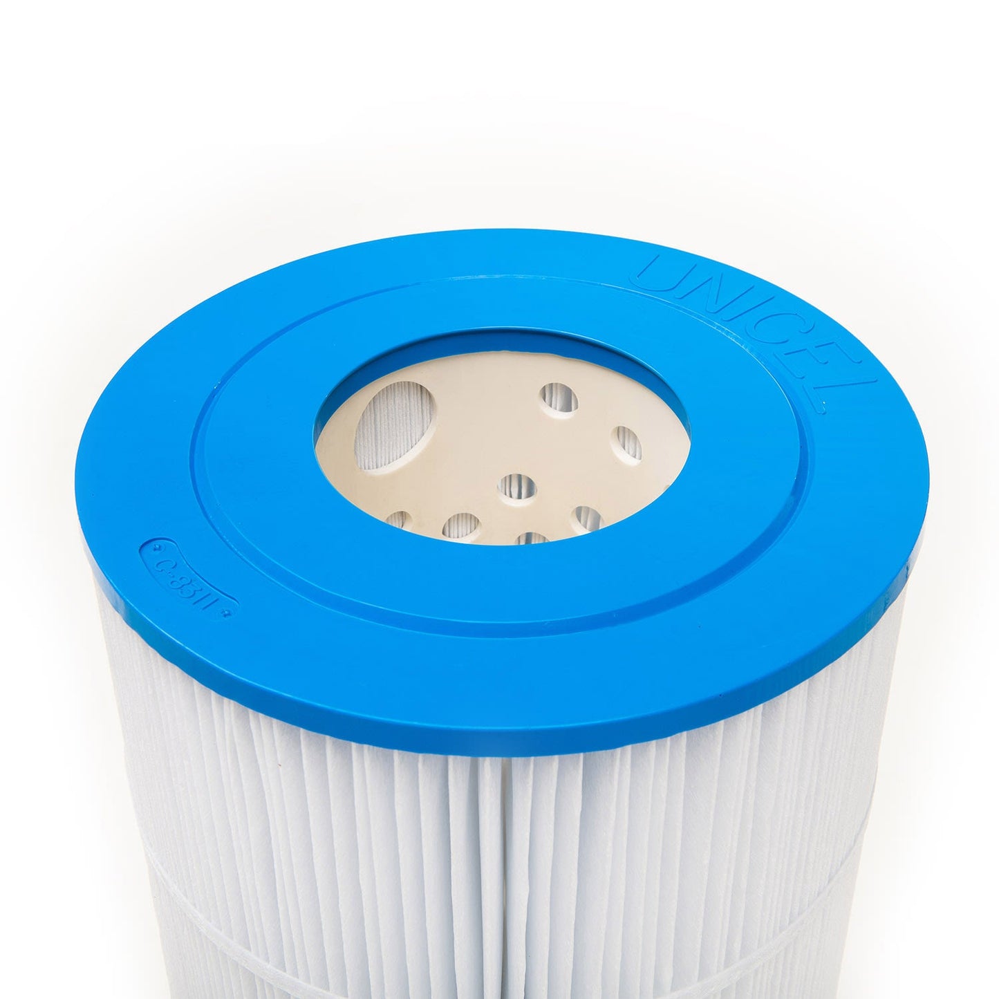 Close-up of a Unicel Replacement Filter Cartridge 100 sf Hayward CCX1000RE | C-8311, featuring pleated white material and a blue plastic top with round holes and embossed text for enhanced filter capacity.