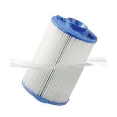 The Unicel Replacement Filter Cartridge 120 sf CX1200-RE/Waterway Pro Clean | C-8412, featuring blue plastic end caps and white pleated material, is partially submerged in water to enhance clarity.