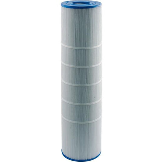 The Unicel Replacement Filter Cartridge 200 sf Jandy CS200 | C-8418, with a cylindrical pleated design and blue ends, stands upright against a white background, offering improved water clarity and efficient filtration.