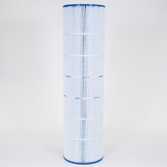 Upright on a light background, the Unicel Replacement Filter Cartridge 250 sf Jandy CS250 | C-8425 showcases a tall, cylindrical design with pleated surfaces and blue edges for optimal water clarity through effective filtration.