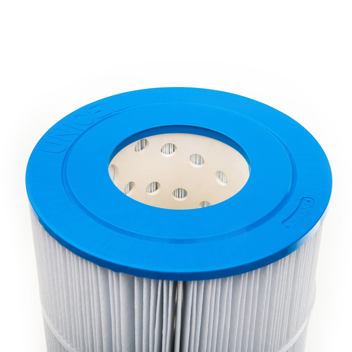 Top view of the Unicel Replacement Filter Cartridge 80 sf Hayward CX800RE | C-8600, featuring a blue rim and white pleated body, designed to enhance filter capacity.