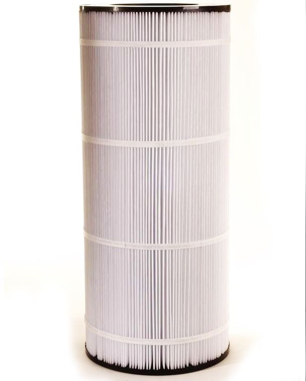 The Unicel Replacement Filter Cartridge 100 sf Predator | C-9410 features a cylindrical design with pleated white material and black edges, standing upright against a plain background, offering improved filter capacity for enhanced performance.