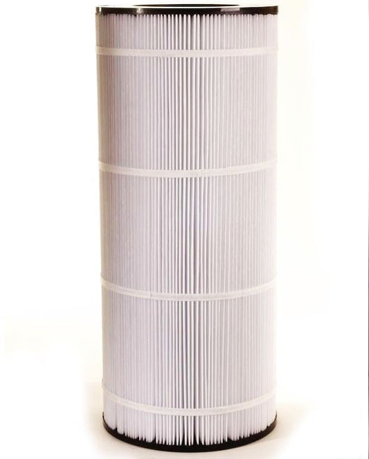 The Unicel Replacement Filter Cartridge 100 sf Predator | C-9410 features a cylindrical design with pleated white material and black edges, standing upright against a plain background, offering improved filter capacity for enhanced performance.