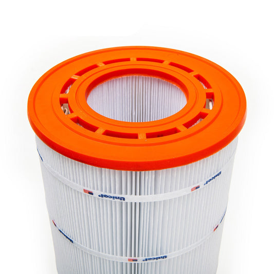 Unicel Replacement Filter Cartridge 102 sf Sta-Rite | UHD-SR100 features a white pleated non-woven polyester design with an orange rim.