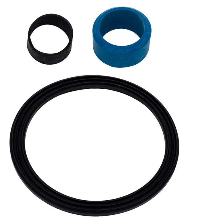 The Pentair BioShield UV Seal Kit (523383) by Pentair features three rubber rings—large black, small black, and medium blue—displayed on a white background.