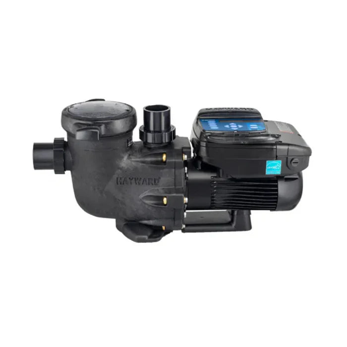 The HAYWARD PUMP-TRISTAR VS, 2.7 THP (W3SP3206VSP) with digital control panel and visible motor is shown with intake and outflow pipes against a white background.