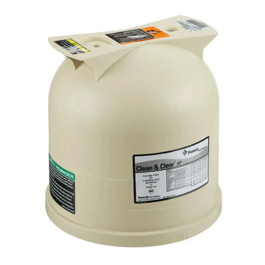 The Pentair Clean & Clear Filter Lid (178546Z) in beige includes a product chart and safety warnings. Its Replacement Tank Lid ensures effortless maintenance on a pristine white background.