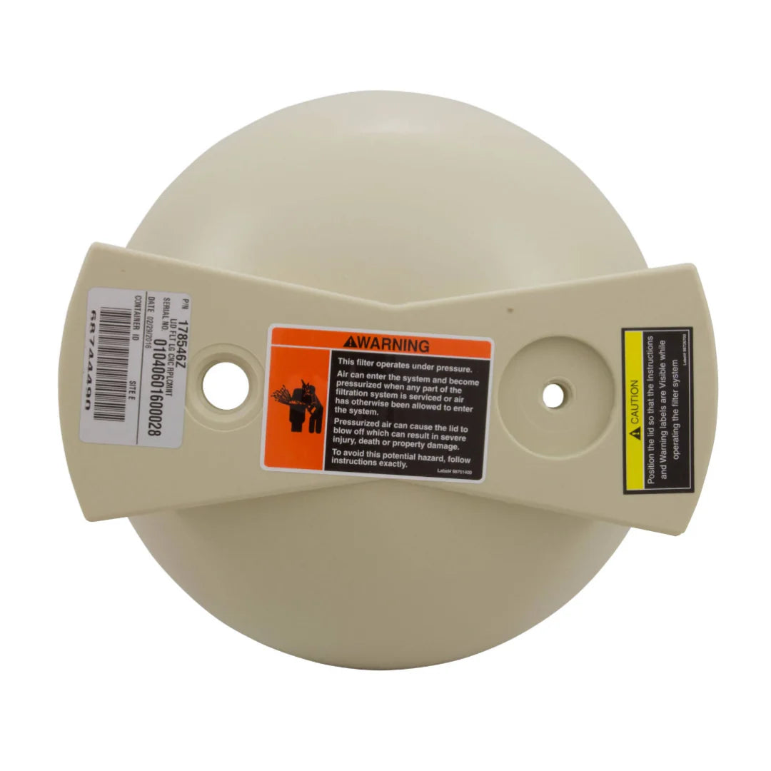 Replacement Pentair Clean & Clear Filter Lid 178546Z featuring warning labels, a central mounting hole, and a Pentair sticker.