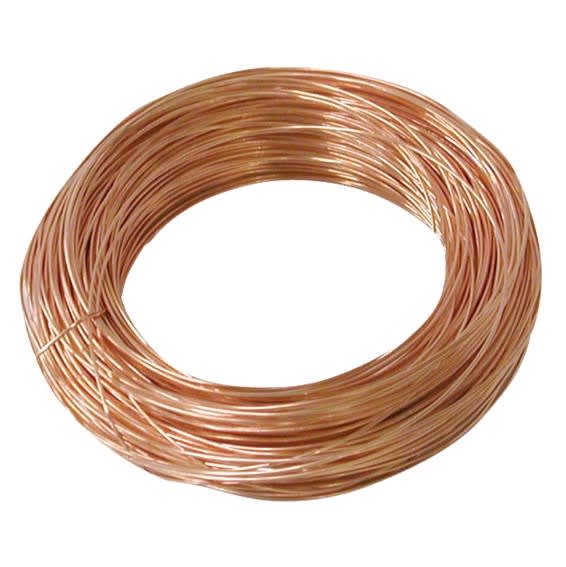 A 500' 8 GA bare copper ground wire by Pool Goods is elegantly coiled in a circular loop against a white background. #8BARECOPPER.