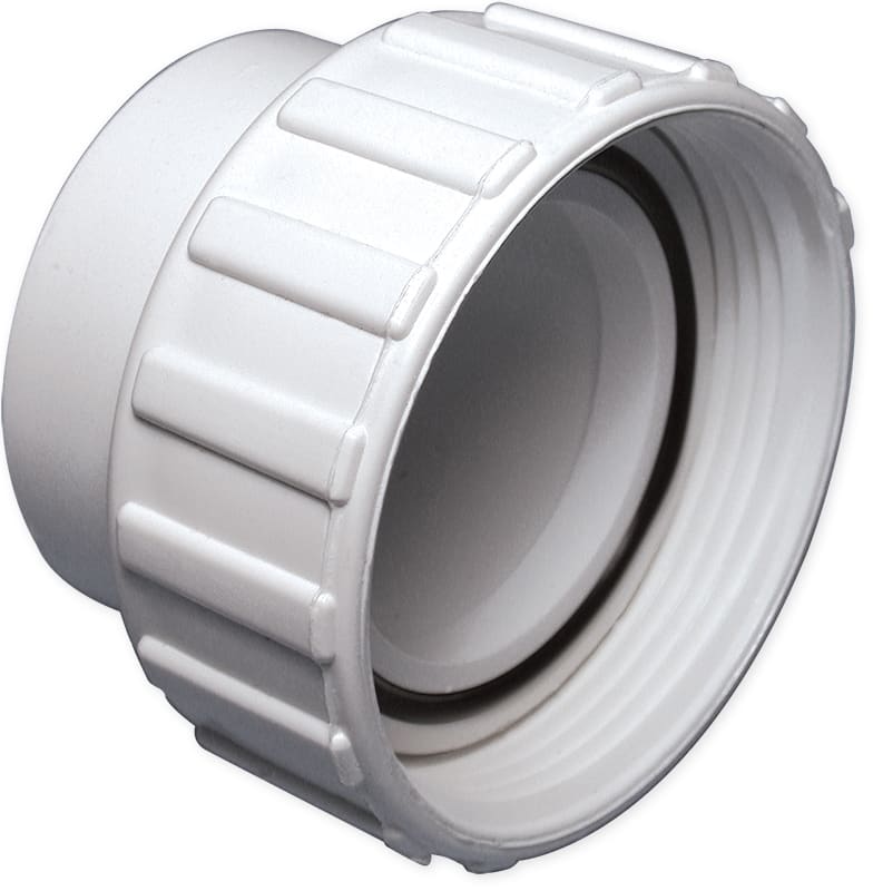 A close-up of a Waterway 2" Union Nut with a 2" S Tailpiece (400-5570) shows its ridged white plastic design and visible rubber seal, ideal for pool equipment.