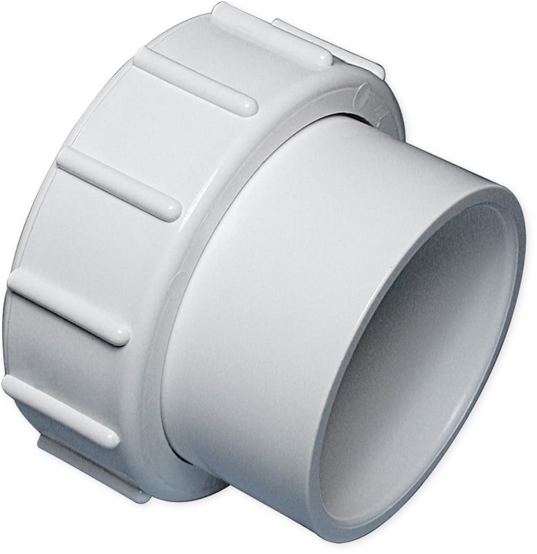 Close-up of a Waterway 2-1/2" Union Pump End Assembly (400-6010) featuring a white plastic adapter with ribbed edges and a smooth cylindrical opening.