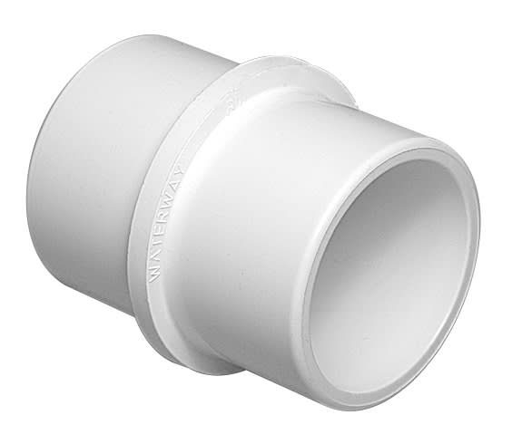 The Waterway Insider Coupler for Sch 40 2" pipe is a white, cylindrical PVC pipe fitting adapter with a smooth surface and embossed text.