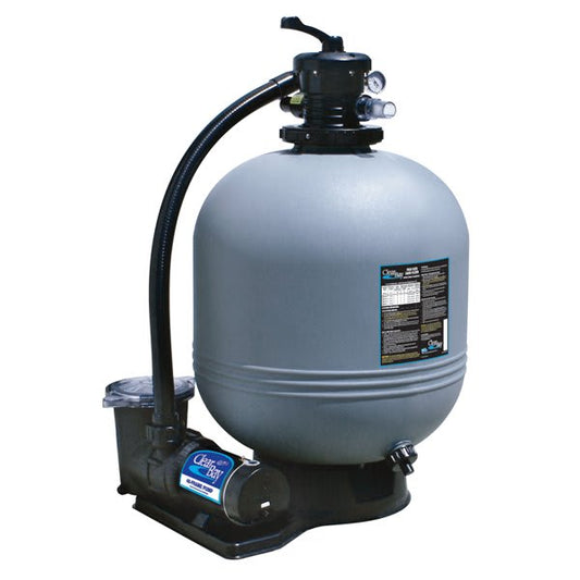 The Waterway CareFree 19" A/G Sand Filter System w/ 1.5HP Pump (520-5337-6S) offers a grey spherical tank with a black valve and base-mounted pump, ensuring optimal above ground pool clarity.