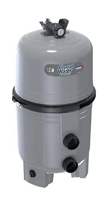The Waterway Crystal Water 425 sf Cartridge Filter (570-0425-07) is a gray, cylindrical pool filter with a top-mounted pressure gauge and multiple pipe connectors at the base, designed for reliable pool water filtration.