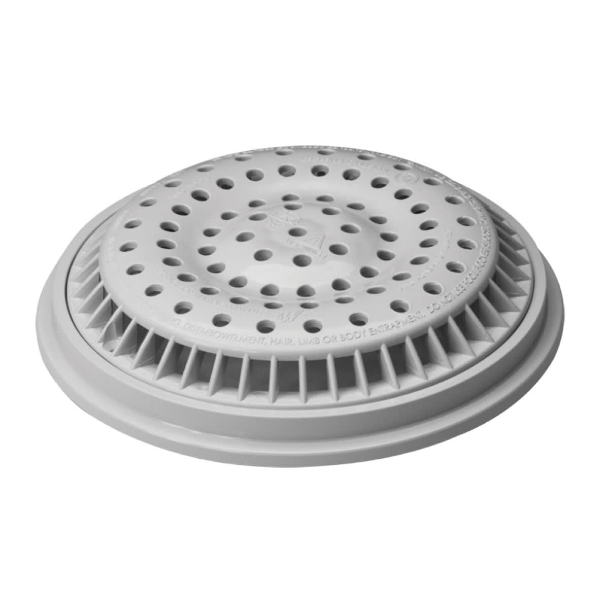 The Waterway 8" Anti-Vortex Cover & Frame (640-2310 V) is gray and circular, made of plastic with a raised outer rim, textured surface, and multiple ventilation holes.