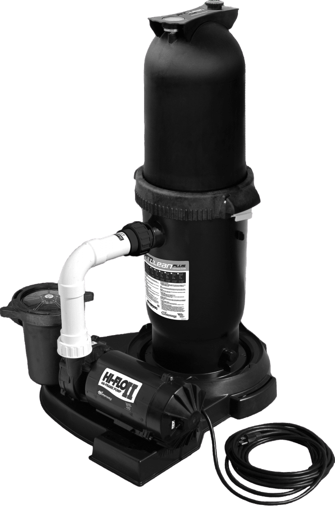 The Waterway ProClean 150 sf Cartridge Filter (PCCF-150) by Waterway features attached pipes and an electrical cord, is made from durable ABS thermoplastic, and is mounted on a flat base.