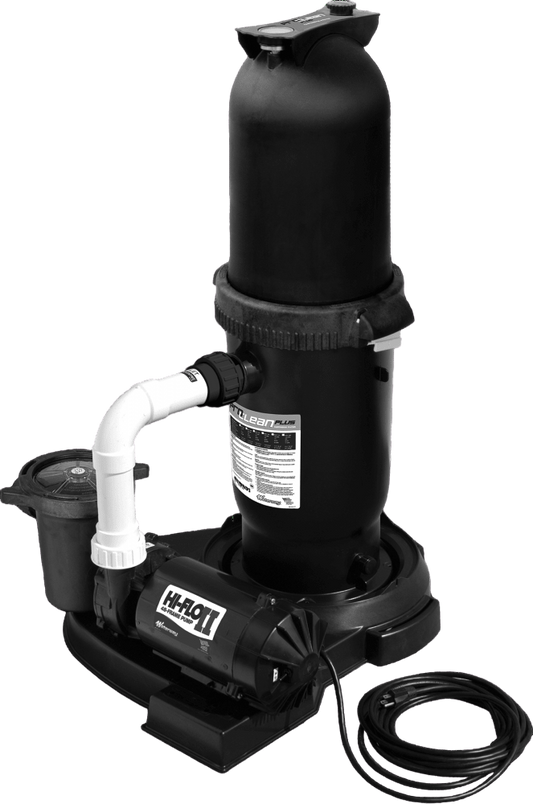 The Waterway ProClean 150 sf Cartridge Filter (PCCF-150) by Waterway features attached pipes and an electrical cord, is made from durable ABS thermoplastic, and is mounted on a flat base.