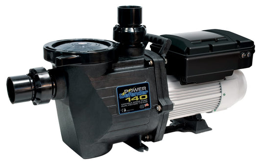 Image of a Waterway Power Defender 140 I/G Variable Speed Pump (PD-140) in black, featuring multiple connection points and a right-mounted motor housing, providing programming flexibility for superior efficient variable speed performance.