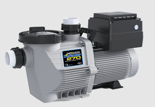 A gray and black Waterway Pd-270 Power Defender VSP pool pump (2.7HP, 230V) features visible intake and outflow ports plus an attached black control unit. Model: PD-270, by Waterway.