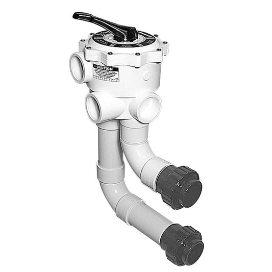The Waterway 2" FPT Side Mount DE Filter Multiport Valve w/ Unions (WVD001) by Waterway features a black handle and multiple pipe connections for directing water flow in pool filtration systems.