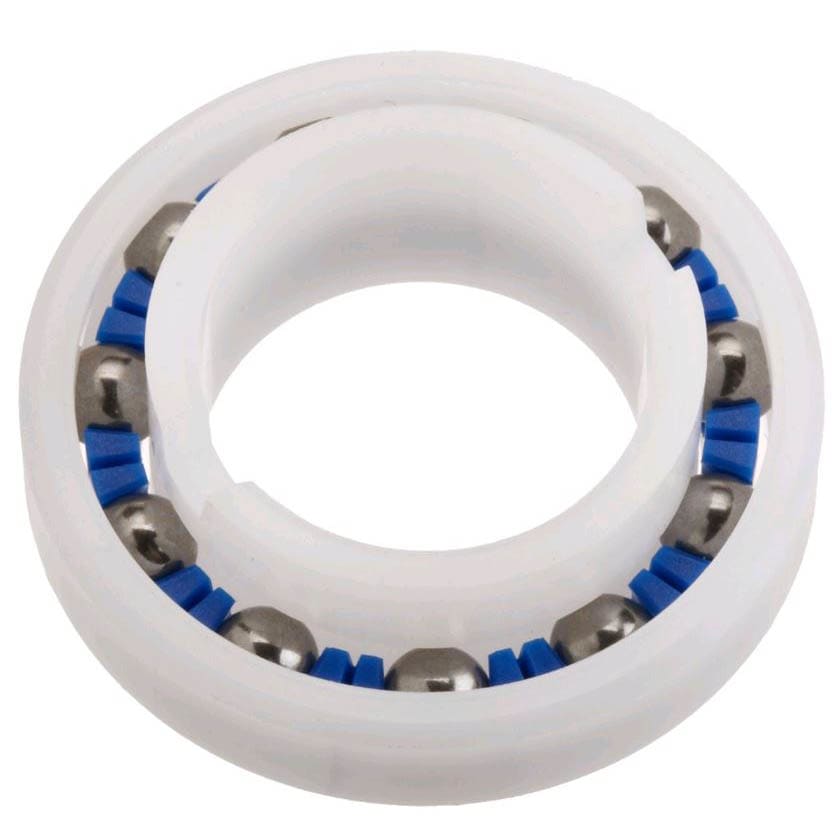 Close-up of a Zodiac Baracuda MX8 Cleaner Bearing (Wheel & Engine) R0527000 by Zodiac, featuring a white plastic outer ring, blue inner holders, and metal ball bearings—perfect as a pool cleaner replacement part.