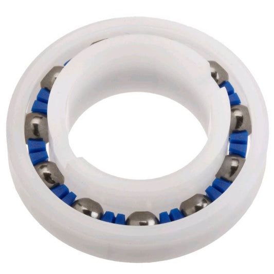 Close-up of a Zodiac Baracuda MX8 Cleaner Bearing (Wheel & Engine) R0527000 by Zodiac, featuring a white plastic outer ring, blue inner holders, and metal ball bearings—perfect as a pool cleaner replacement part.