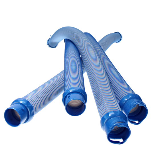 Three Zodiac 1 Meter Twist Lock Hoses from the Replacement Kit (R0527800) in blue with coiled patterns elegantly cross each other on a black background.