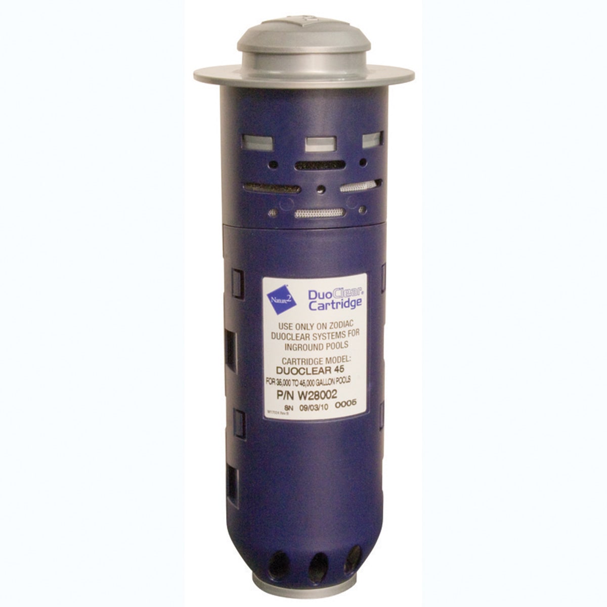 The Nature2 DuoClear 35 Replacement Cartridge (W28001) is designed for in-ground pools and features a white label for Zodiac systems, seamlessly integrating with chlorine and mineral sanitizing setups.
