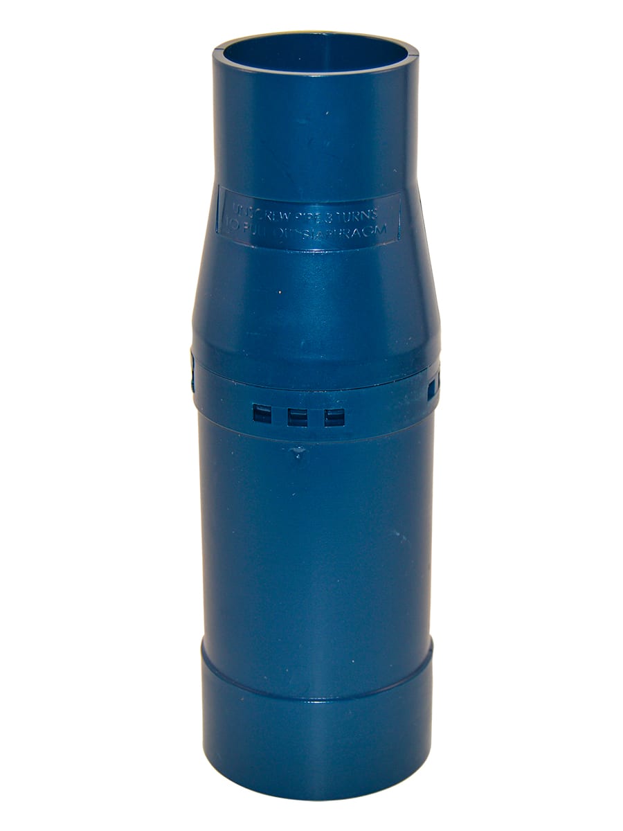The Zodiac Baracuda G3 Cassette Chamber w/ Compression Ring (W70345) by Zodiac is a blue plastic cylindrical connector with a slightly tapered midsection and small rectangular vents near the center.