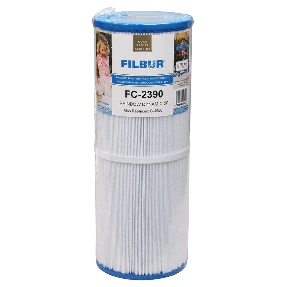 The Filbur FC-2390 Filter (Rainbow/Pentair Dynamic50) C-4950 is a cylindrical pool and spa cartridge with blue end caps, designed as a reliable replacement for Pentair Dynamic50 and Rainbow systems, shown here without handle.
