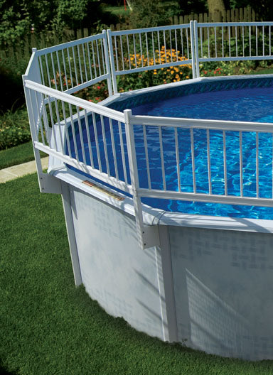 An above-ground pool with blue water is enclosed by an Ocean Blue Above Ground 24" Resin Fence Gate Section (310505) on a well-kept lawn.