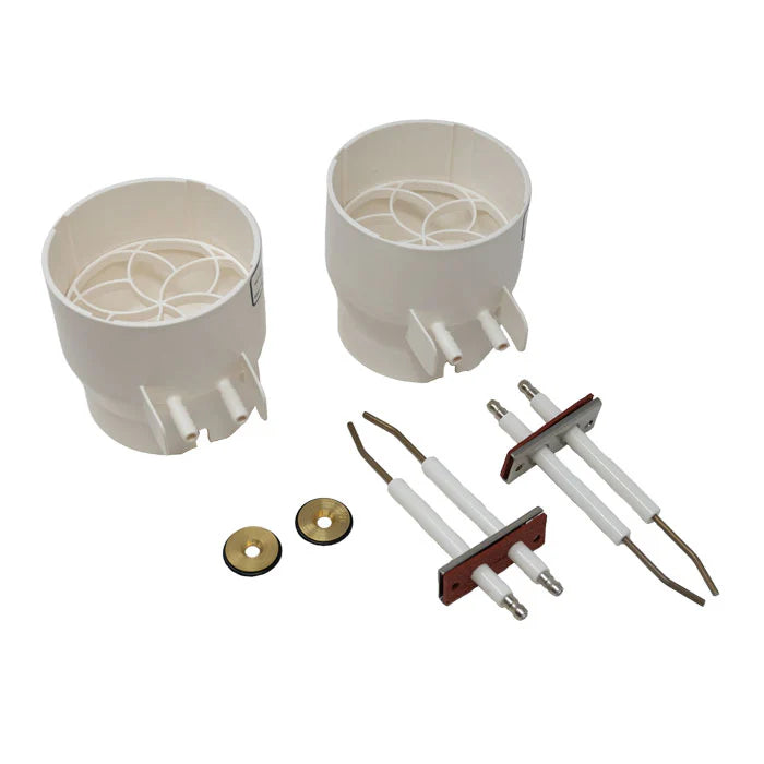 The Pentair ETI400 Natural Gas to Propane Conversion Kit (476072) includes two white cylindrical sockets, two ceramic electrodes with wires, and two round brass connectors, ideal for high-efficiency heater applications.