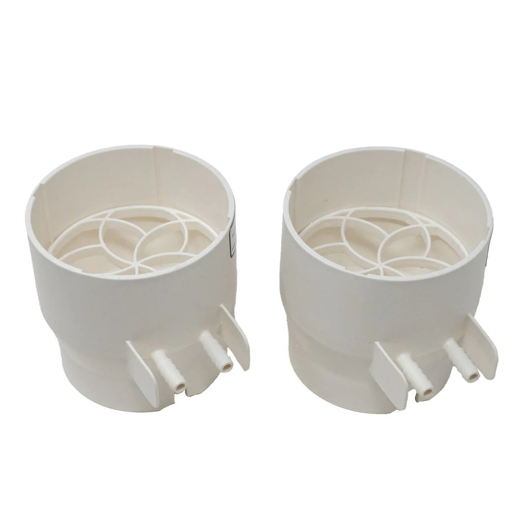 Two white plastic adapters with circular grilles and dual side connectors are shown on a white background, designed for use with the Pentair ETI400 heater using the Pentair ETI400 Natural Gas to Propane Conversion Kit (476072).