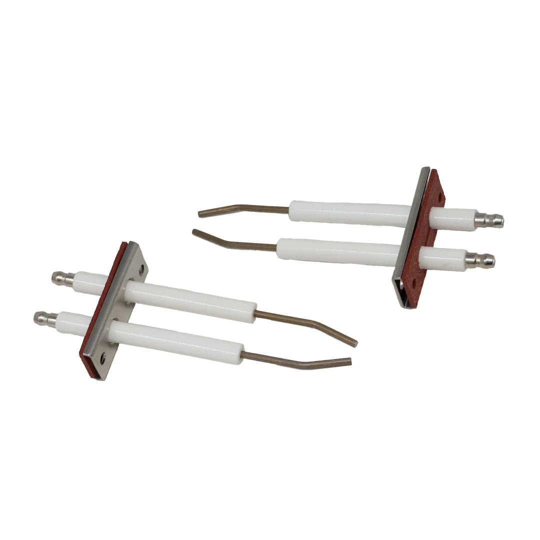 Two identical furnace igniter electrodes with ceramic insulators and metal bases, designed for the Pentair ETI400 Natural Gas to Propane Conversion Kit (476072), are displayed on a white background.