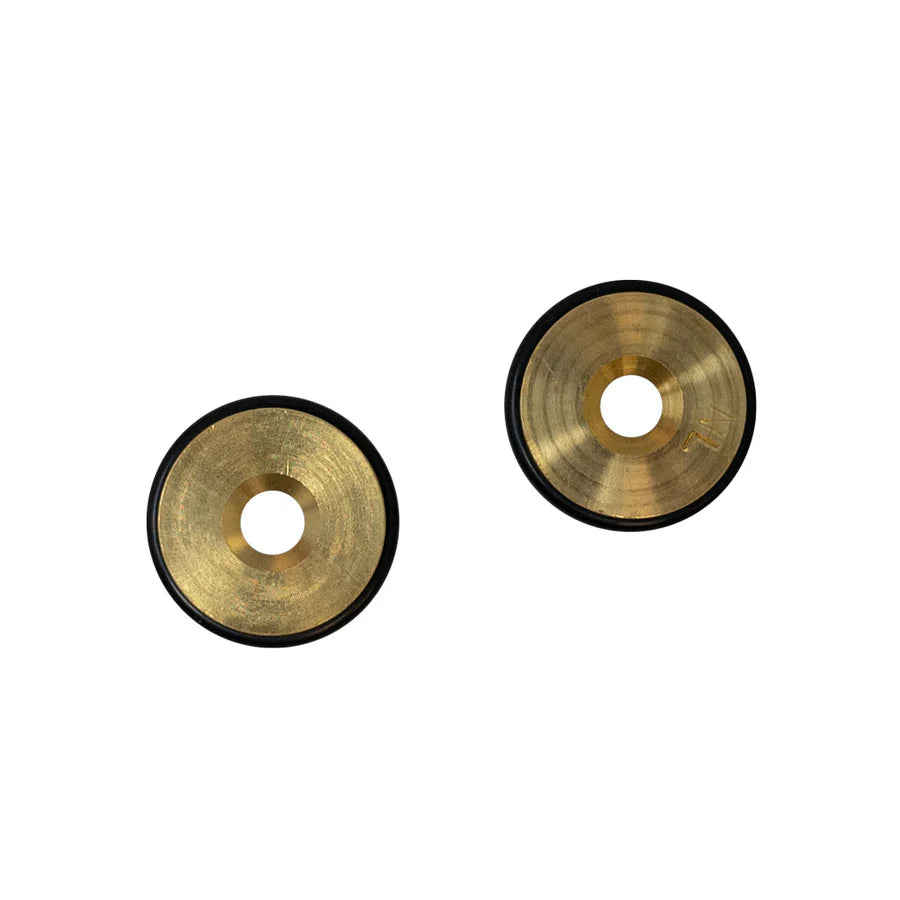 Two round brass washers with center holes and black edges, part of the Pentair ETI400 Natural Gas to Propane Conversion Kit (476072), are shown against a white background.