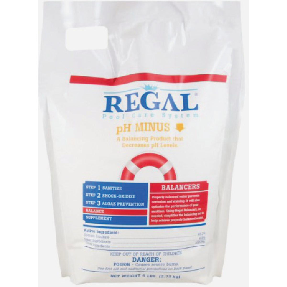 A white bag labeled "Regal REGAL-6lb-PH Minus," used for lowering pool pH levels, features usage instructions and warnings printed on the packaging.
