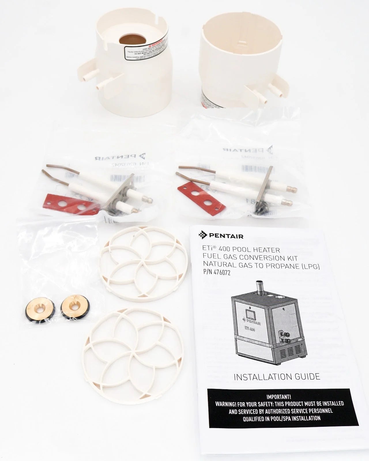 Pentair ETI400 Natural Gas to Propane Conversion Kit (476072) by Pentair, includes plastic fittings, metal parts, rubber gaskets, and an installation guide, all shown on a white background.