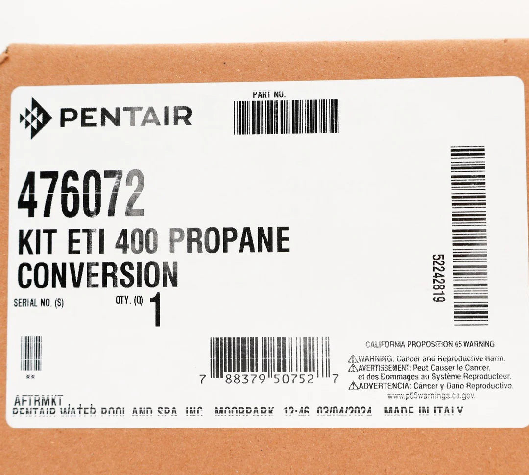 A shipping label on a box reads "Pentair ETI400 Natural Gas to Propane Conversion Kit | 476072" by Pentair, with barcodes, serial number, quantity, and a California Proposition 65 warning for the high-efficiency heater.