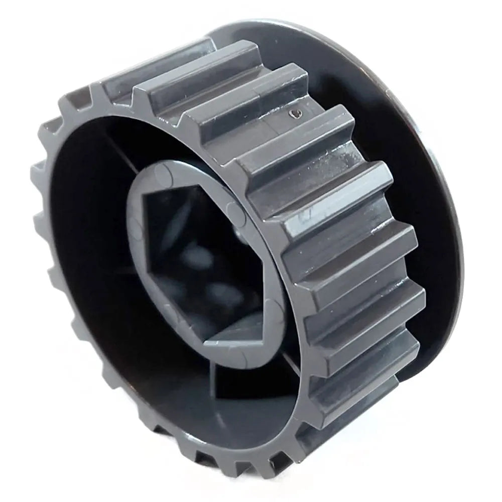 Pool Goods Pentair Prowler 920/930 Warrior SE/SI Rear Wheel (360381) features a plastic toothed gear wheel with a hexagonal center hole, shown angled on a white background. Ideal replacement part for compatible pool cleaners.