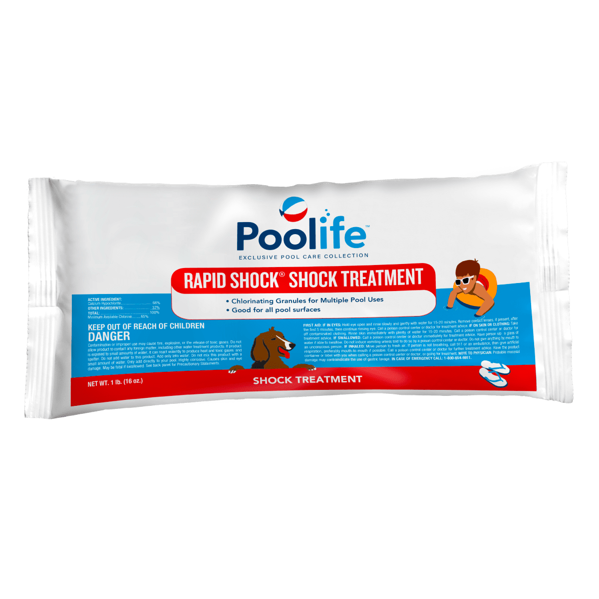 A white package labeled "Poolife Rapid Shock | 22232" from Poolife contains Cal Hypo shock chlorinating granules for pool chlorine treatment, with product info and safety warnings printed on the front.