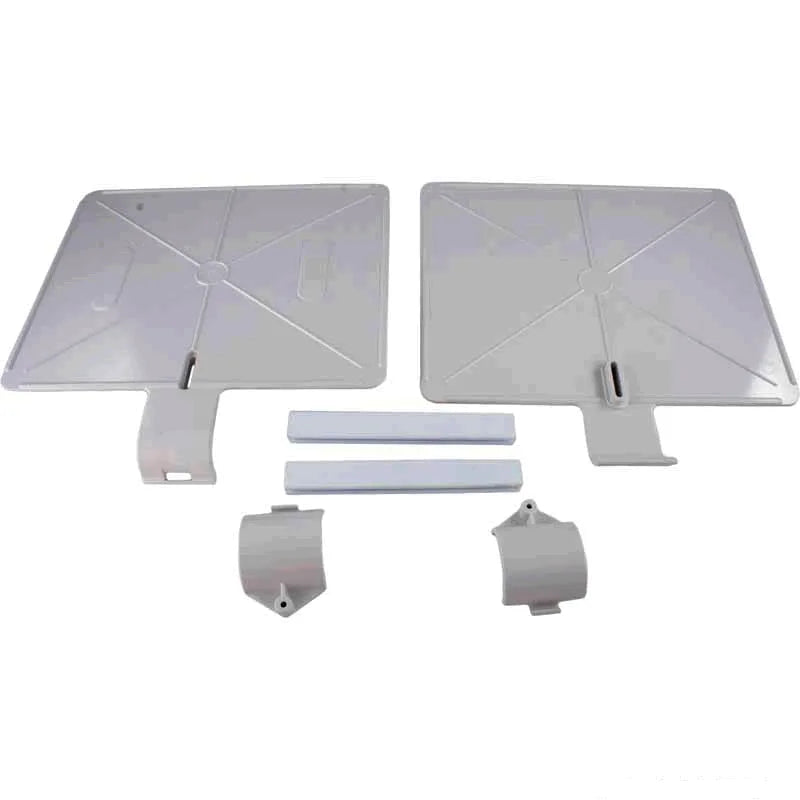 The Polaris G21 380/280/180 Cleaner Ladder Guard includes two square white plastic panels with grooves, designed for seamless use with Zodiac Polaris pool cleaners, along with two white plastic strips and curved brackets.