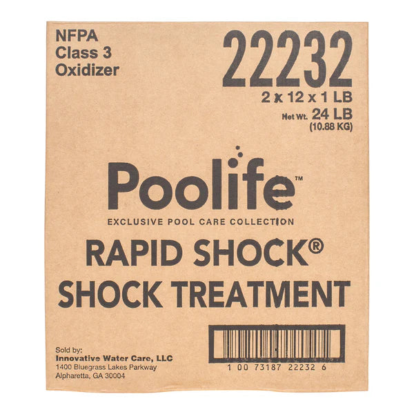 A cardboard box labeled "Poolife Rapid Shock | 22232" by Poolife contains 24 lbs of Cal Hypo shock for pool chlorine treatment, with safety and product info displayed on the front.