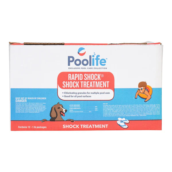 Box of Poolife Rapid Shock | 22232, a Cal Hypo pool chlorine treatment by Poolife, featuring safety warnings and illustrations of a dog and a child on the front.
