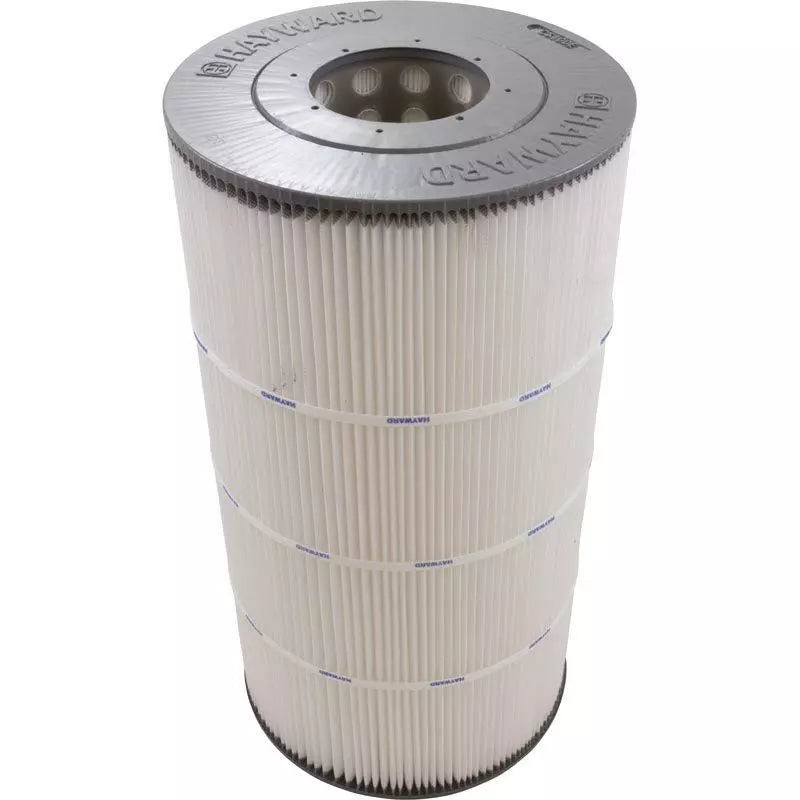 The Hayward SwimClear C100S Replacement Cartridge Element (CX100XRE) features pleated white material and metallic end caps for high-quality filtration and maximum water flow. Labeled "UNICEL" and "HAYWARD," these cylindrical cartridges are designed as Hayward replacements.