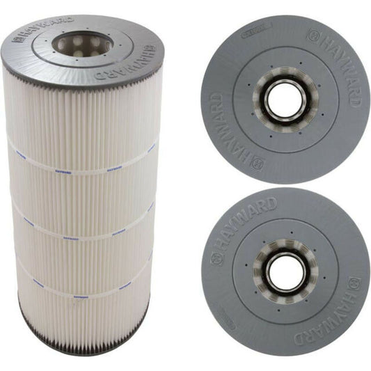 The Hayward SwimClear C100S Replacement Cartridge Element (CX100XRE) features accordion pleats and gray end caps for superior filtration. It boasts a center hole with "Hayward" branding on top, providing maximum water flow with two top views and one side view illustrated.