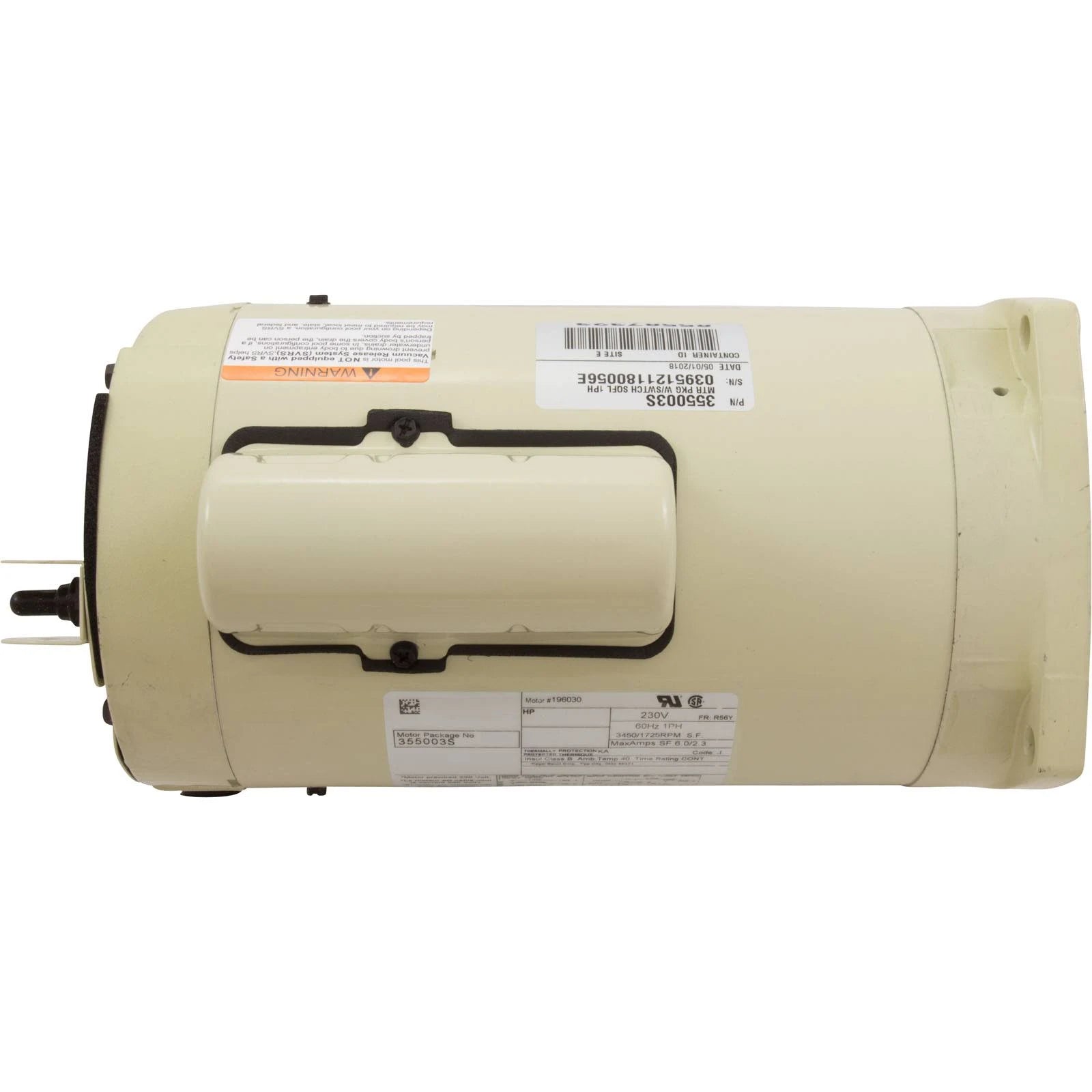 A Pentair SuperFlo Pump Motor, Dual Speed, 1 HP, 60 Hz, Single Phase (SQFL | 355003S) is shown on its side with warning and specification labels attached.