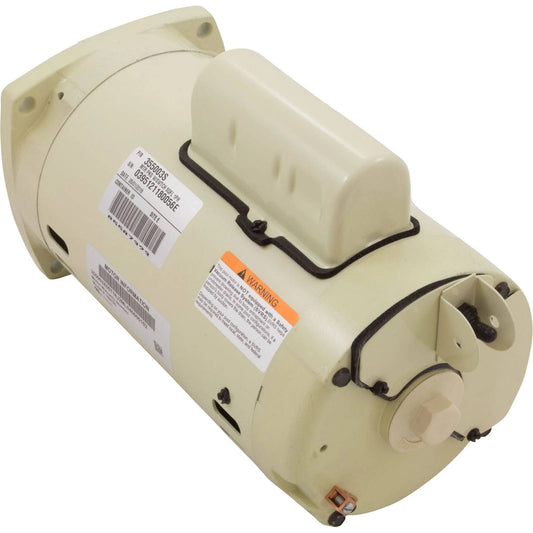 Cream-colored Pentair SuperFlo Pump Motor, Dual Speed, 1 HP, 60 Hz, Single Phase (SQFL | 355003S) with labels and warning sticker—shows casing, mounting bracket, wiring enclosure; ideal as a replacement for your existing Pentair pump.