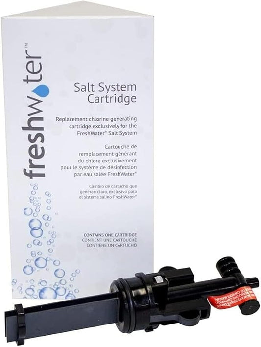 The Freshwater FreshWater® Salt System Cartridge (Single Unit), shown with packaging in the background, is ideal for easy spa water care and hot tub maintenance. The cartridge is black with a red tag attached.